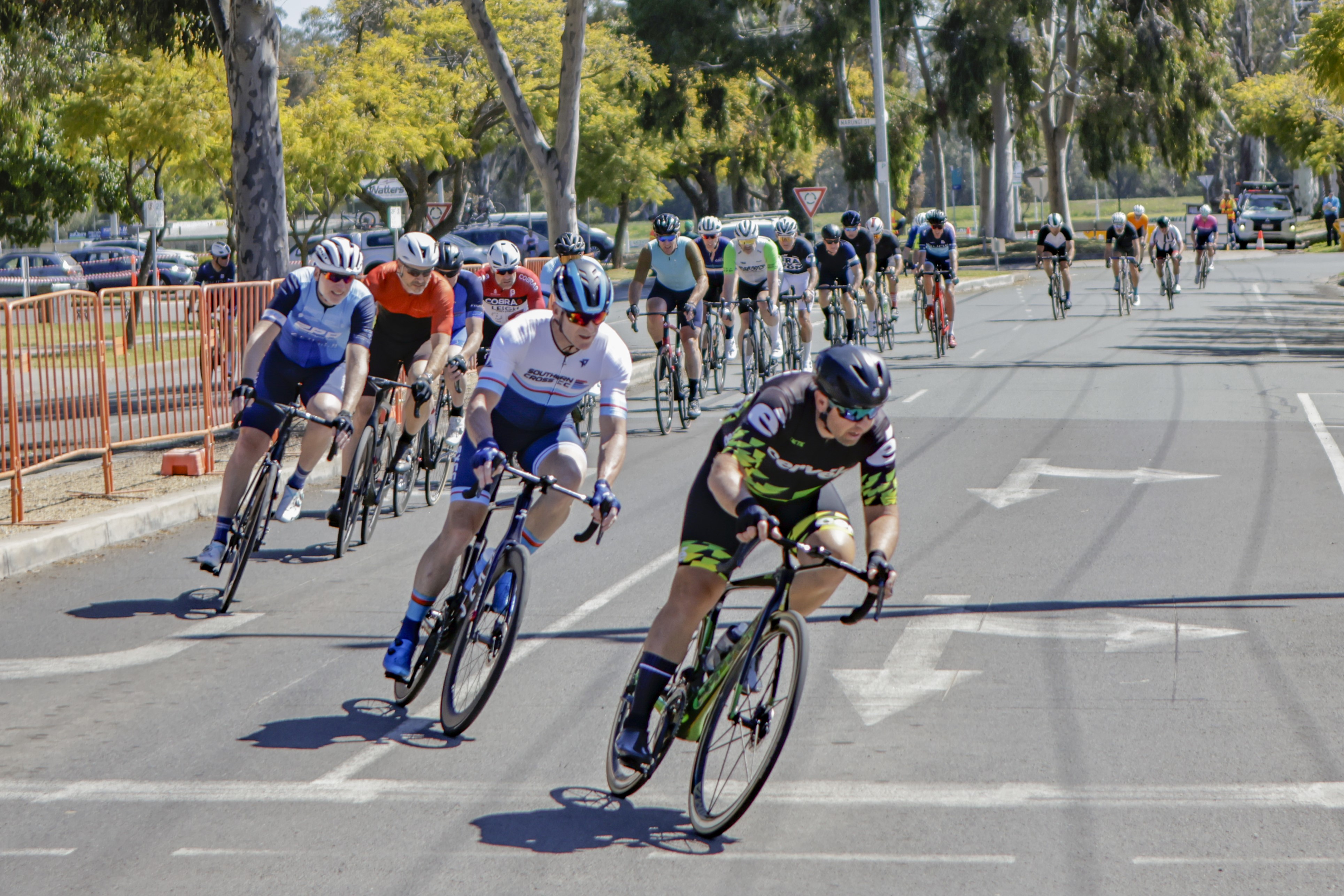 Masters men cyclists competing in a criterium national championship in Shepparton in 2023